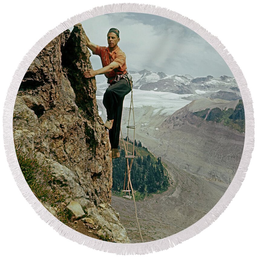 Garibaldi Meadows Round Beach Towel featuring the photograph T-902901 Fred Beckey Climbing by Ed Cooper Photography