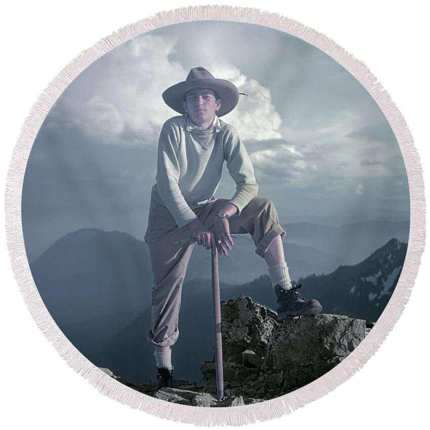 T104800 Round Beach Towel featuring the photograph T104800 Ed Cooper on First Climb Pinnacle Peak Wa 1953 by Ed Cooper Photography