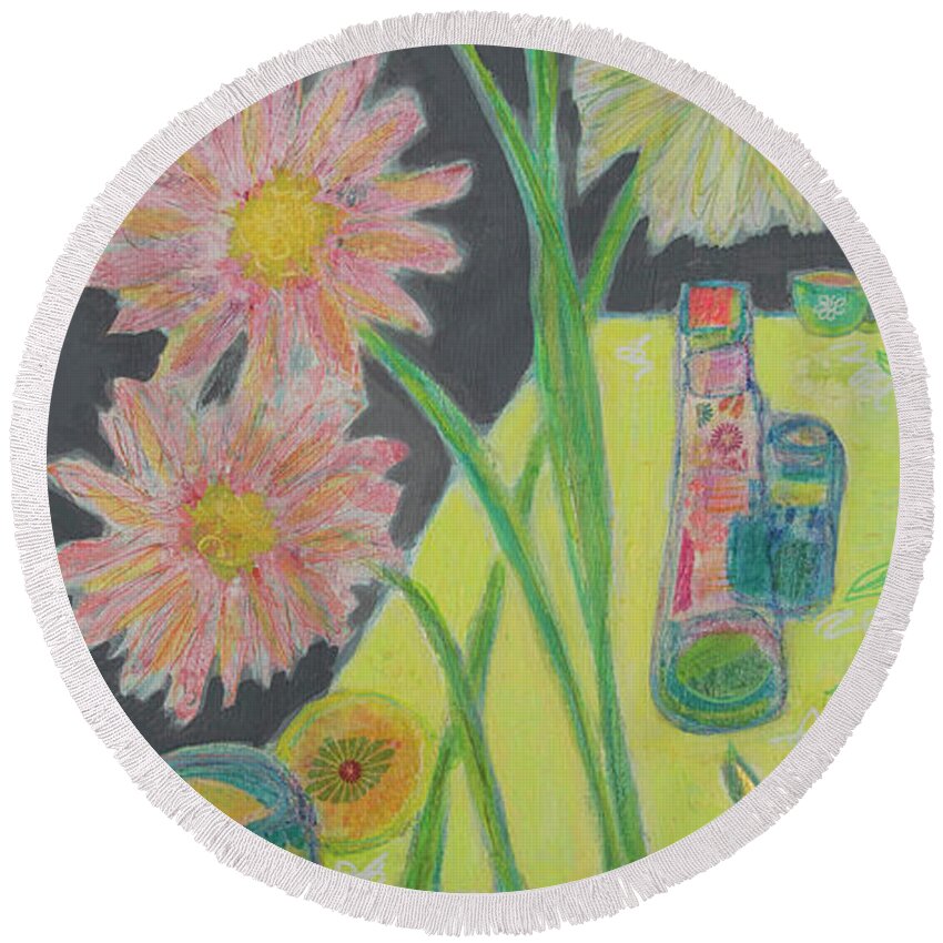 Table Round Beach Towel featuring the mixed media Table Scape by Julia Malakoff