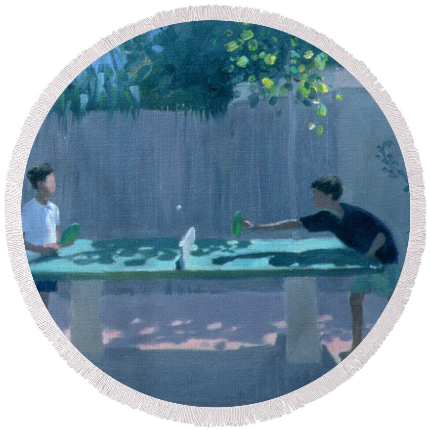 Ping Pong Round Beach Towel featuring the painting Table Tennis by Andrew Macara