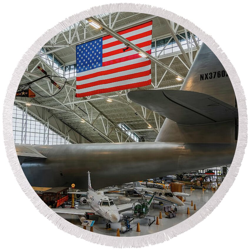 Evergreen Aviation & Space Museum Round Beach Towel featuring the photograph Tail Feathers by Jon Burch Photography
