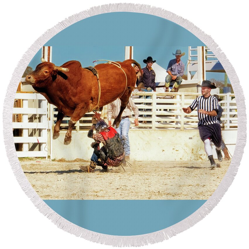 Rodeo Round Beach Towel featuring the photograph Take Cover - Bull Rider - Rodeo by Mitch Spence