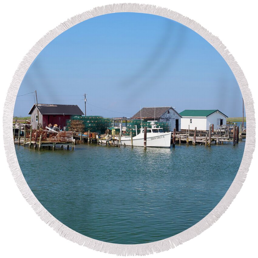 Fishing Huts Round Beach Towel featuring the photograph Tangier Island Chesapeake Bay Virginia by Louise Heusinkveld