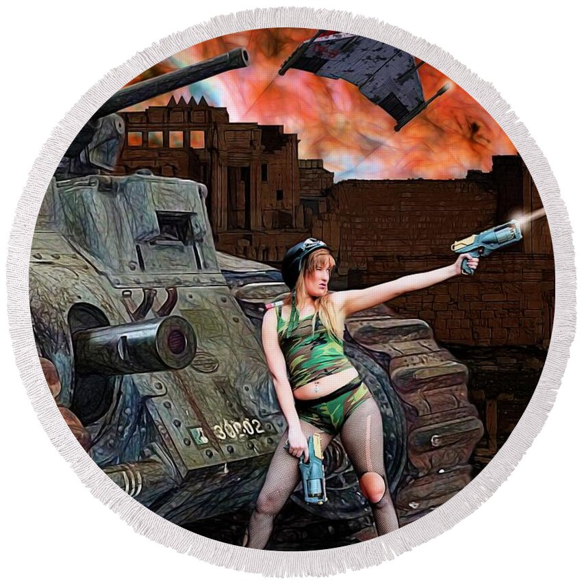 Fantasy Round Beach Towel featuring the painting Tank Girl in Action by Jon Volden