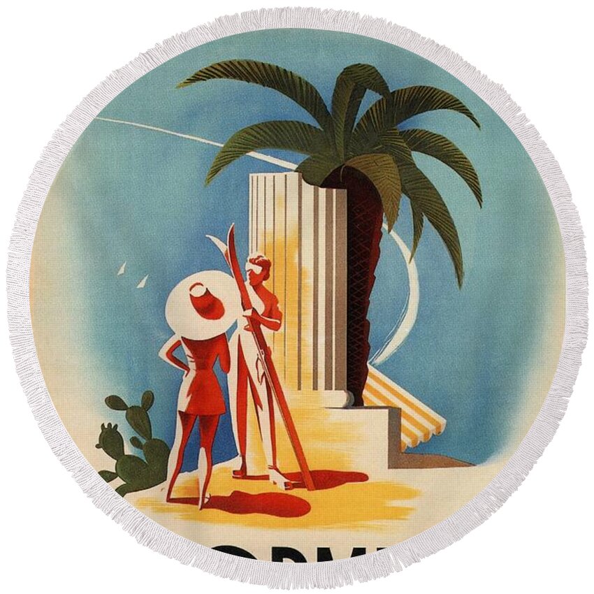 Taormina Round Beach Towel featuring the mixed media Taormina, Sicily, Italy - Couples - Retro travel Poster - Vintage Poster by Studio Grafiikka