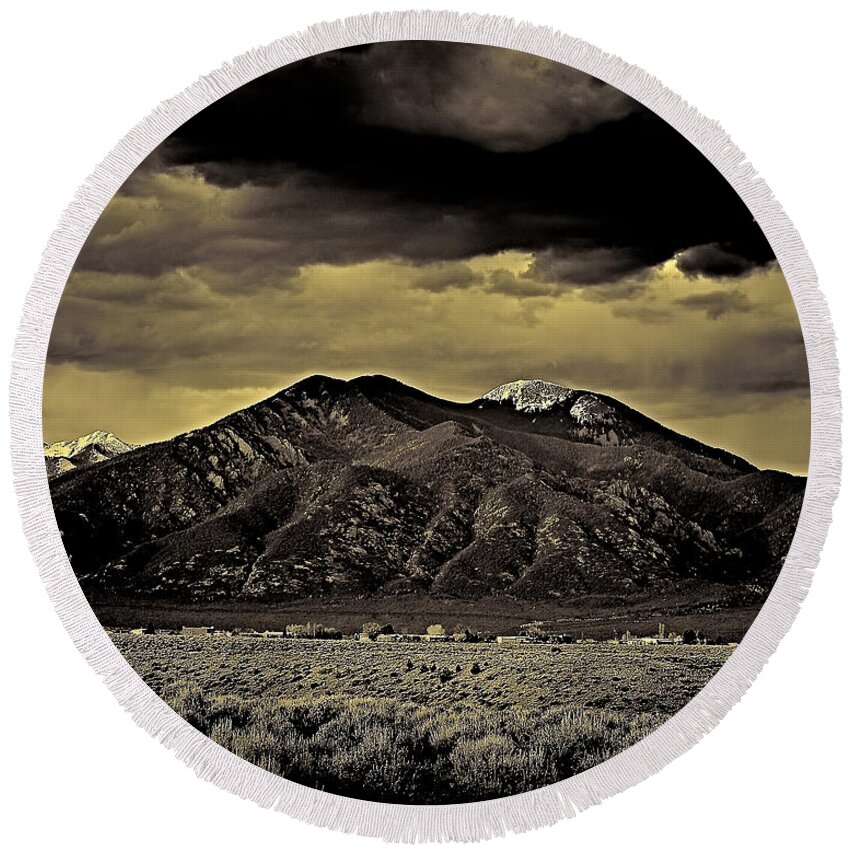 Taos Round Beach Towel featuring the photograph Taos mountain in gold tone by Charles Muhle