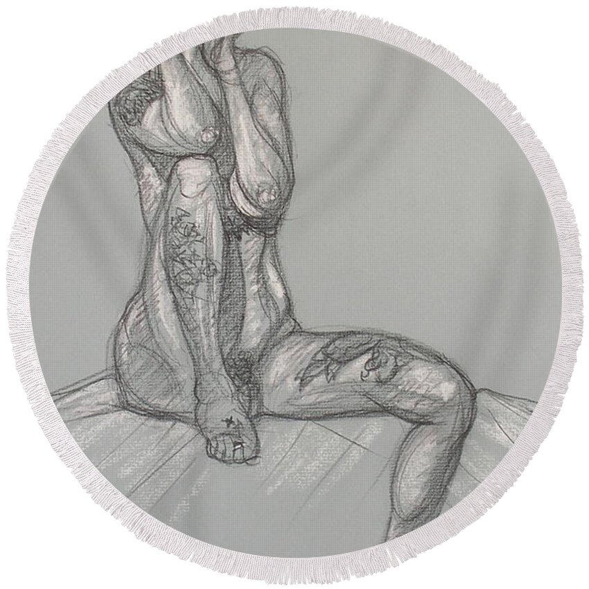 Realism Round Beach Towel featuring the drawing Tara - New Tattoos by Donelli DiMaria