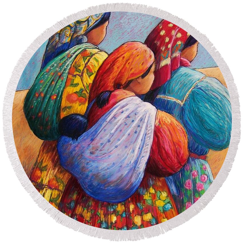 Mexico Round Beach Towel featuring the pastel Tarahumara Women by Candy Mayer