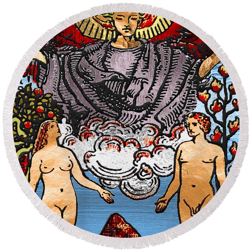 'tarot’ Collection By Serge Averbukh Round Beach Towel featuring the digital art Tarot Gold Edition - Major Arcana - The Lovers by Serge Averbukh