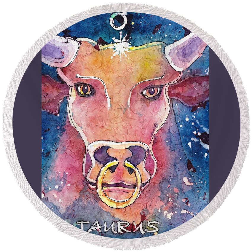 Zodiac Round Beach Towel featuring the painting Taurus by Ruth Kamenev