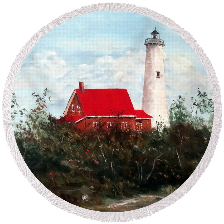 Tawas Lighthouse Round Beach Towel featuring the painting Tawas by Lee Piper
