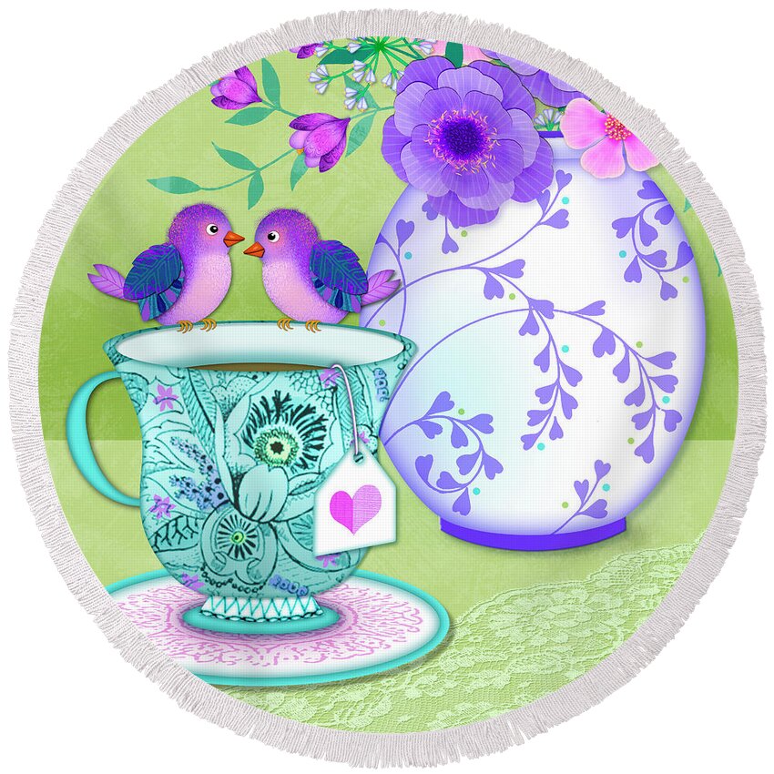Tea Cup Round Beach Towel featuring the mixed media Tea for Two by Valerie Drake Lesiak