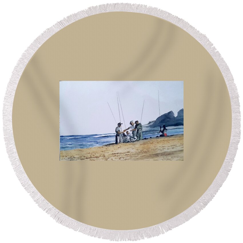 Beachscape Round Beach Towel featuring the painting Teach them to Fish by Tim Johnson