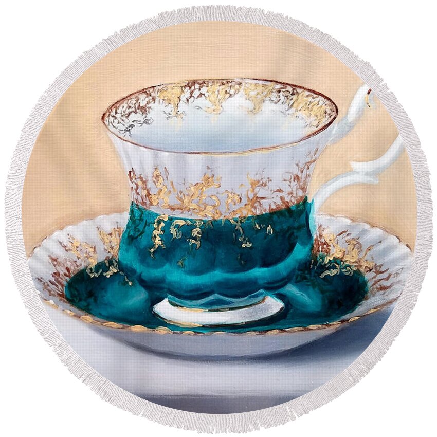 Oil Round Beach Towel featuring the painting Teacup by Linda Merchant