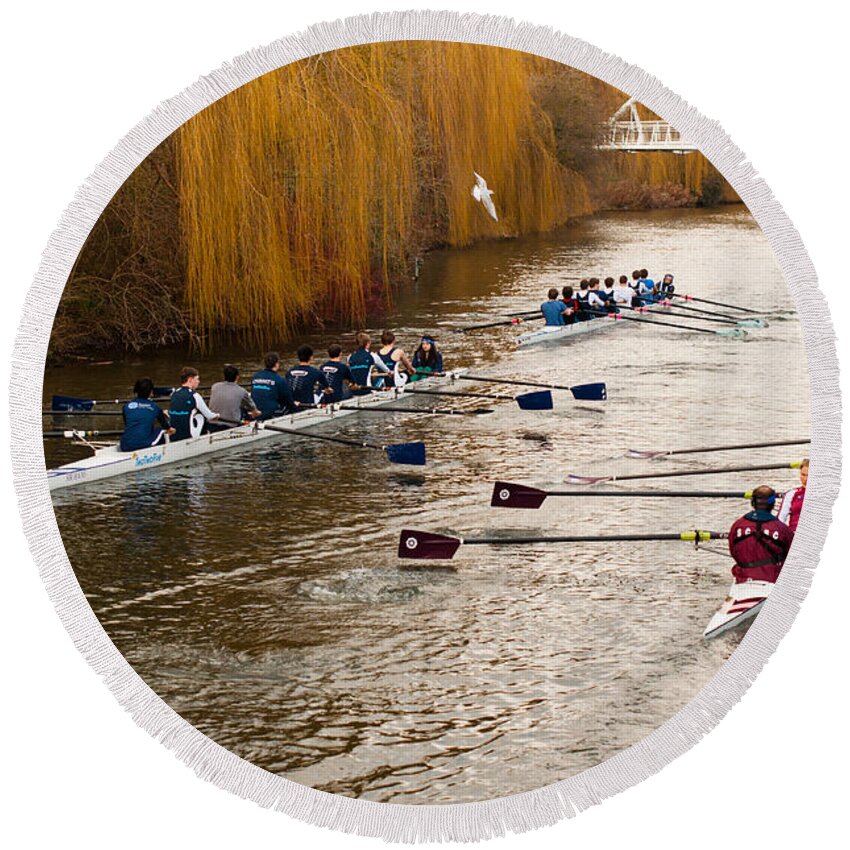 Boat Round Beach Towel featuring the photograph Teams of rowers on river Cam by Andrew Michael