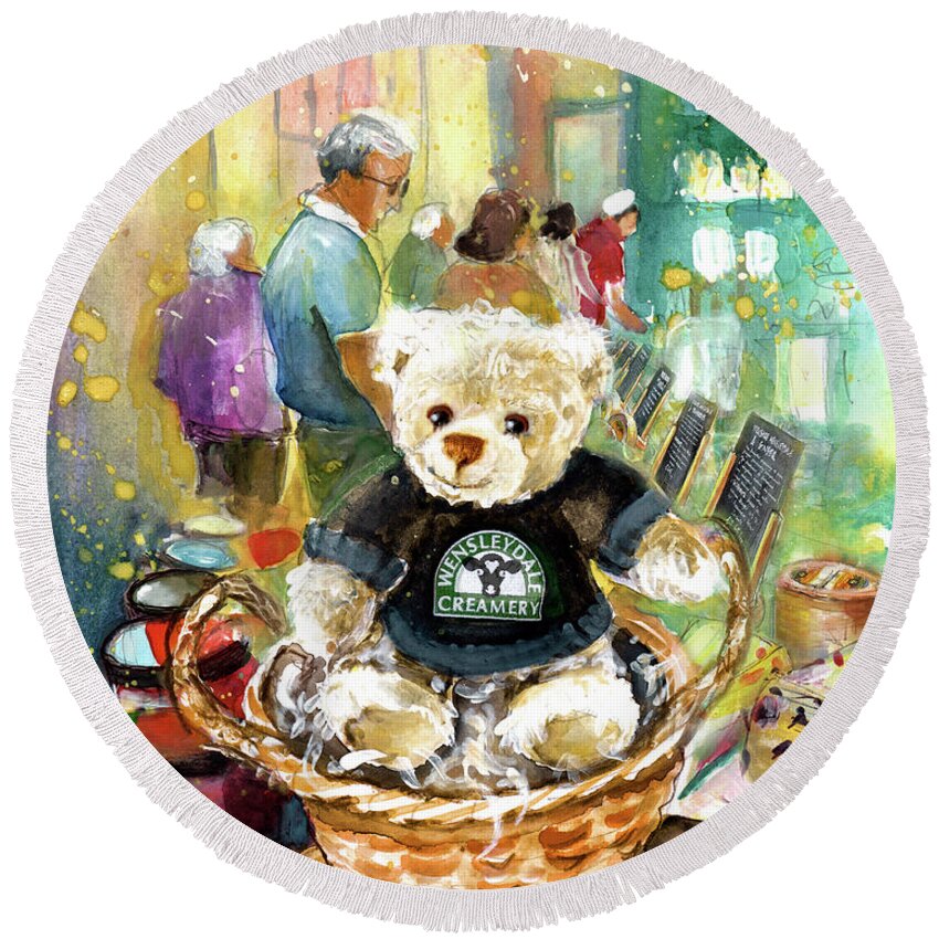 Travel Round Beach Towel featuring the painting Teddy Bear Wensley At Wensleydale Creamery by Miki De Goodaboom