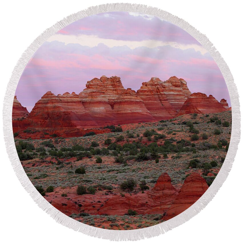 Sunset Round Beach Towel featuring the photograph Teepees Sunset - Coyote Buttes by Brett Pelletier