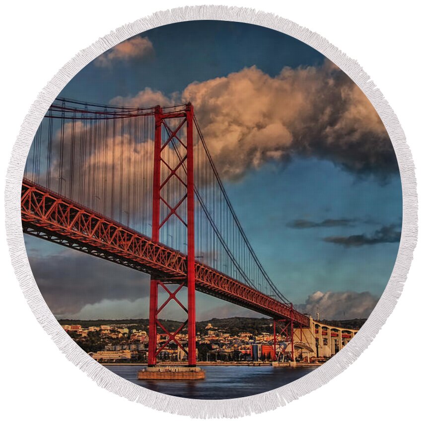 Bridge Round Beach Towel featuring the photograph Tejo Crossover by Hanny Heim