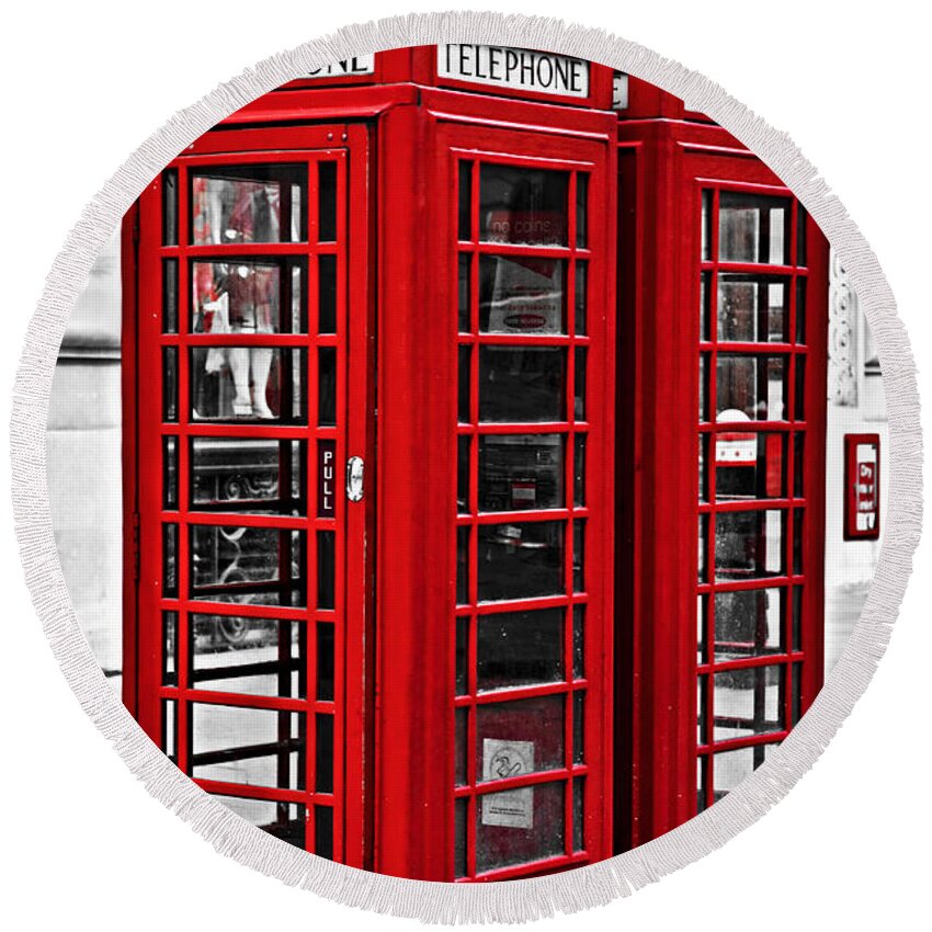 London Round Beach Towel featuring the photograph Telephone boxes in London by Elena Elisseeva