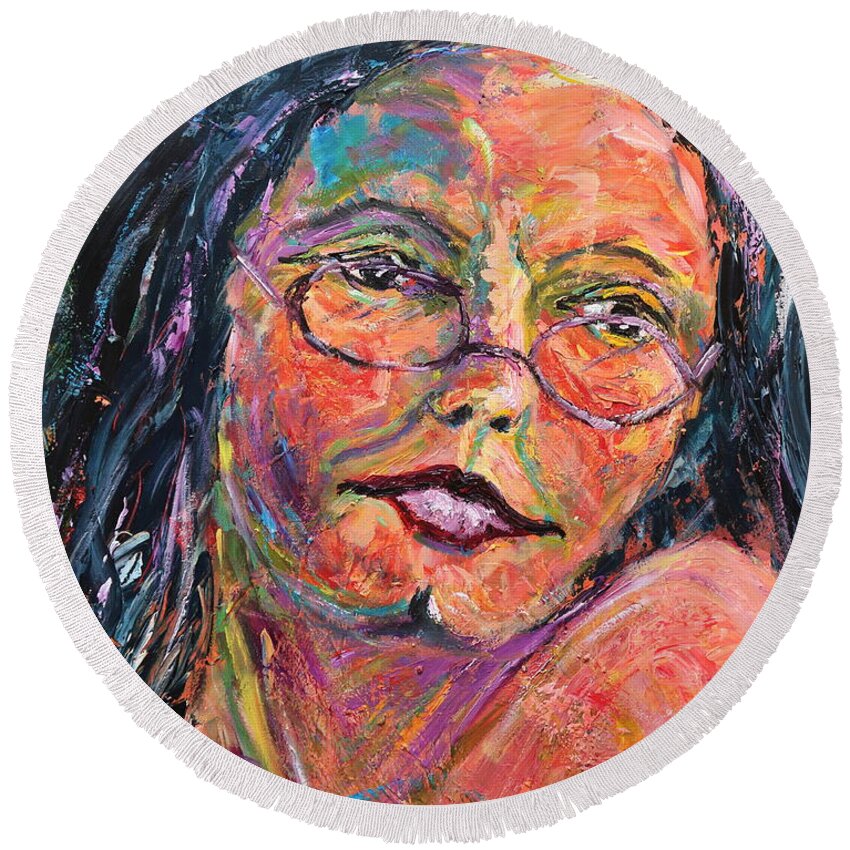 Portrait Round Beach Towel featuring the painting Tell me more by Madeleine Shulman