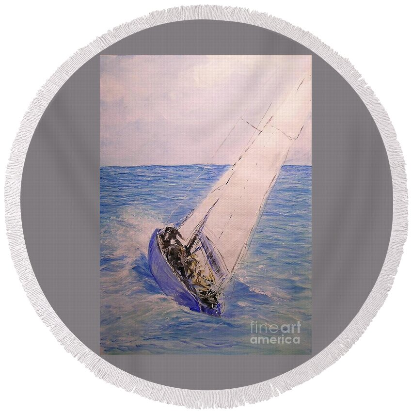 Seascape Round Beach Towel featuring the painting Tell Tails In The Wind by Lizzy Forrester