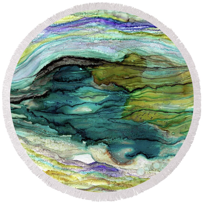 Tempest Storm Clouds Exciting Weather Purple Turquoise Green Atmospheric Mystic Abstract Round Beach Towel featuring the painting Tempest by Brenda Salamone