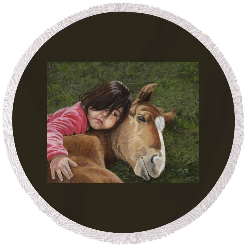 Little Girl Laying On A Foal Horse Round Beach Towel featuring the painting Tender Love by Tammy Taylor