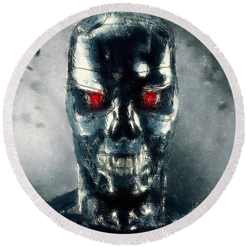 Terminator Round Beach Towel featuring the drawing Terminator Oil Pastel Sketch by Movie Poster Prints