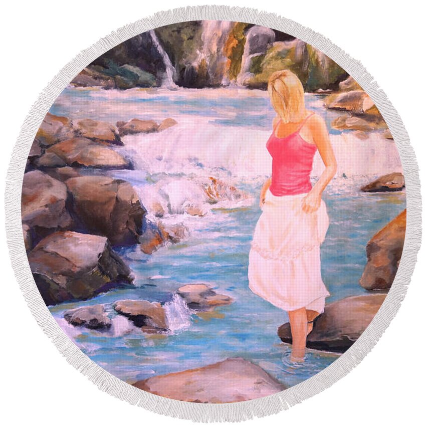 Landscape Round Beach Towel featuring the painting Testing the Water by Alan Lakin