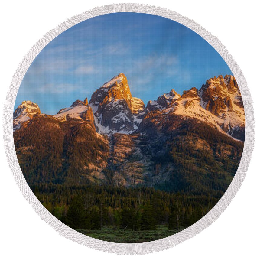Landscape Round Beach Towel featuring the photograph Teton's First Light by Darren White