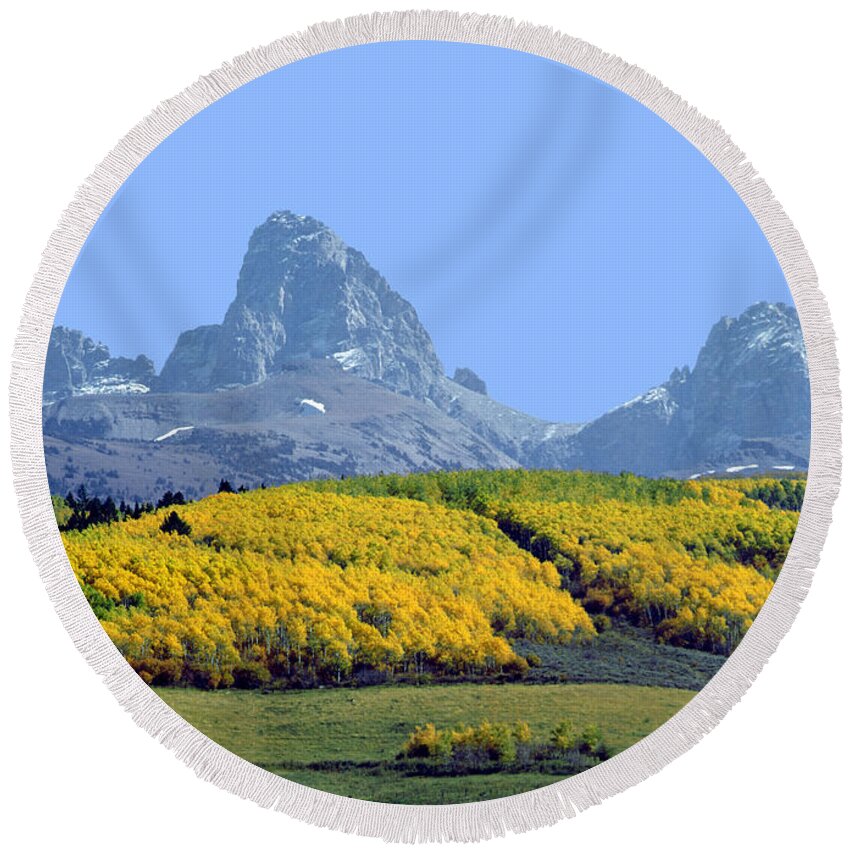 Driggs Round Beach Towel featuring the photograph 107604-E-Tetons from the Back H by Ed Cooper Photography