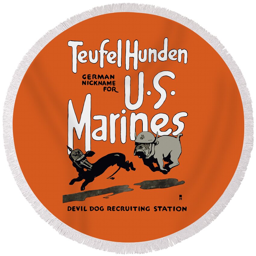 Marine Corps Round Beach Towel featuring the painting Teufel Hunden - German Nickname For US Marines by War Is Hell Store