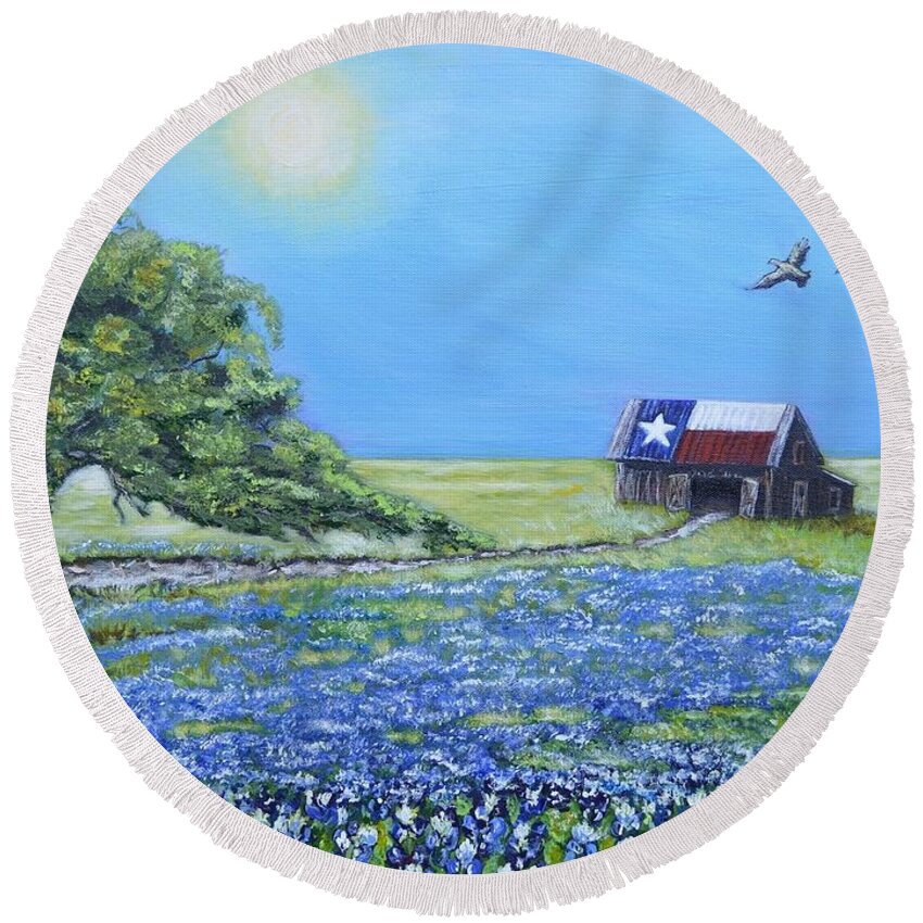Texas Landscape Round Beach Towel featuring the painting Texas Barn and Live Oak by Melissa Torres