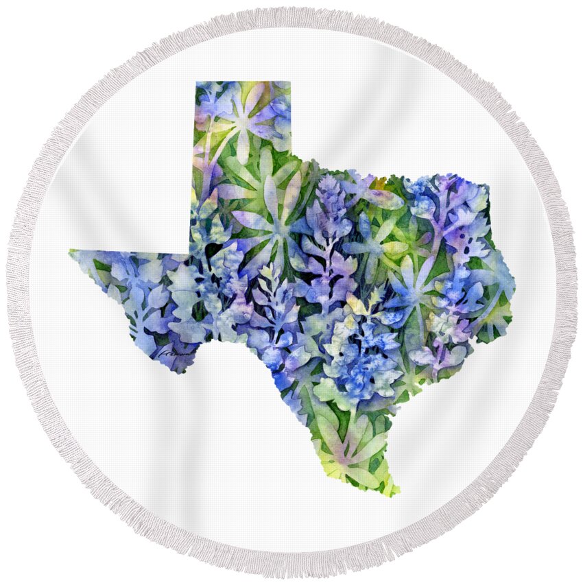 Texas Round Beach Towel featuring the painting Texas Blue Texas Map on White by Hailey E Herrera