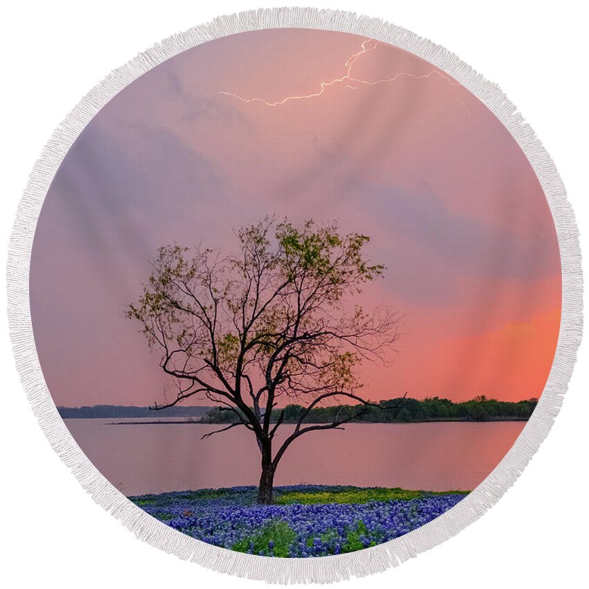 Ennis Round Beach Towel featuring the photograph Texas Bluebonnets and Lightning by Robert Bellomy