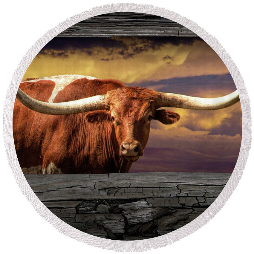 Longhorn Round Beach Towel featuring the photograph Texas Longhorn Steer at Sunset looking through the Fence Rails by Randall Nyhof