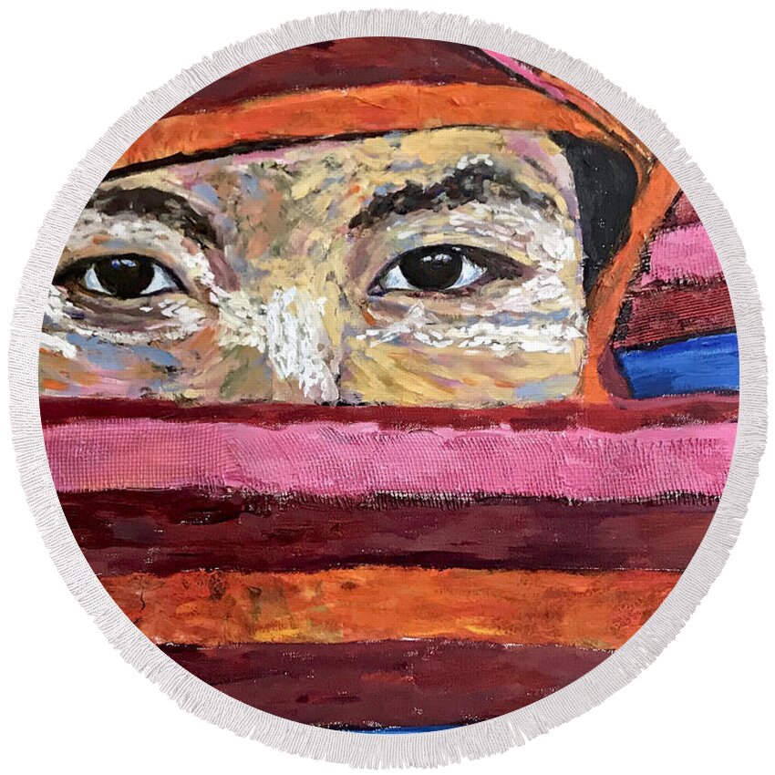 Burma Round Beach Towel featuring the mixed media Textile Eyes by Michael Cinnamond