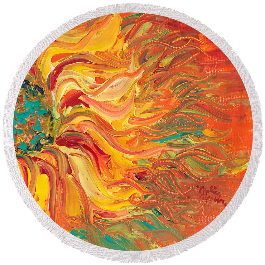 Sunjflower Round Beach Towel featuring the painting Textured Fire Sunflower by Nadine Rippelmeyer