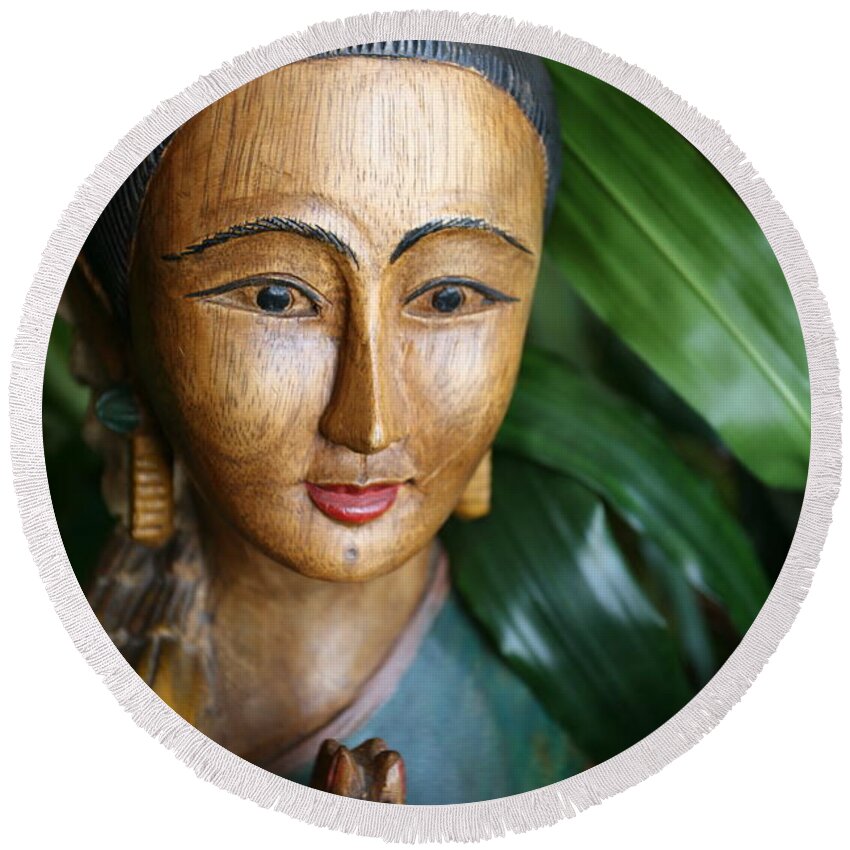 Thailand Round Beach Towel featuring the photograph Thai Hand Carved Statue Woman by Chuck Kuhn