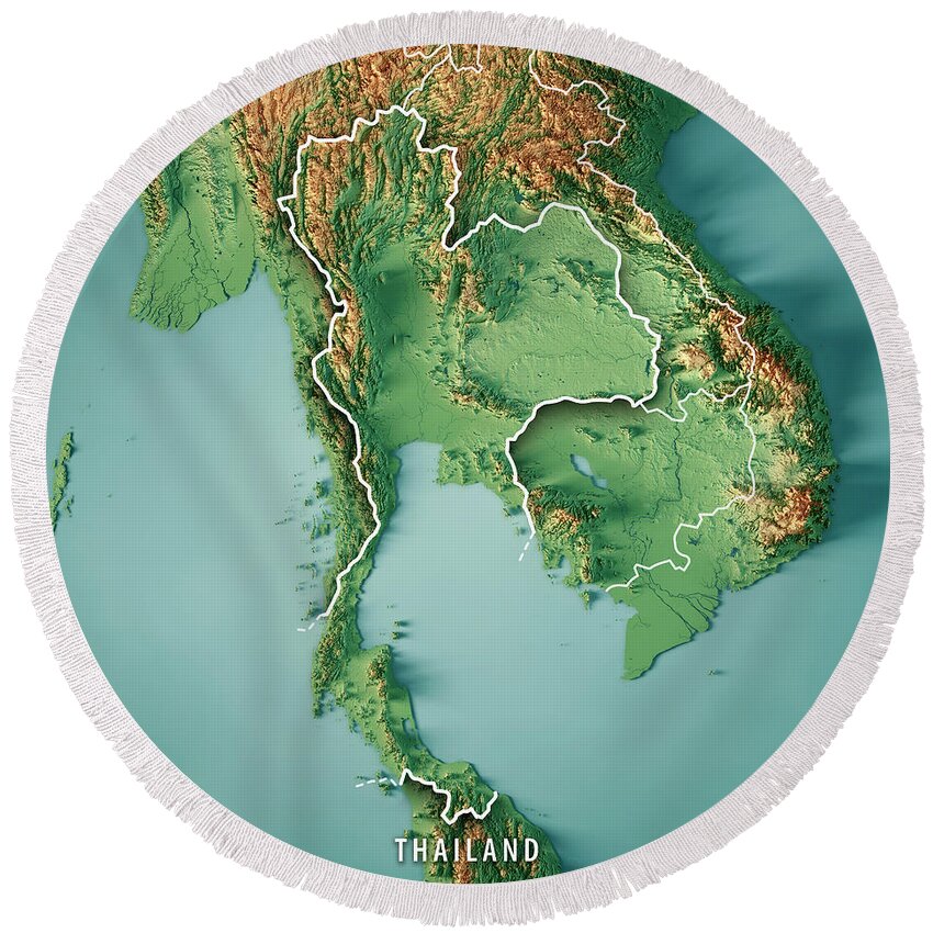 Thailand Round Beach Towel featuring the digital art Thailand 3D Render Topographic Map Border by Frank Ramspott