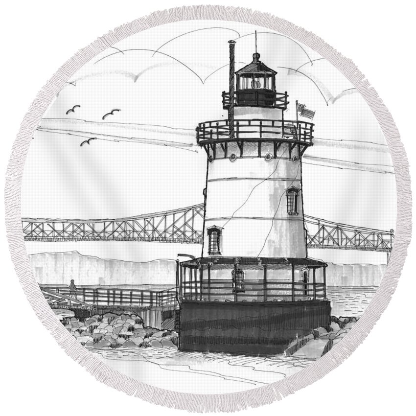 Landscape Round Beach Towel featuring the drawing The 1883 Lighthouse at Sleepy Hollow by Richard Wambach