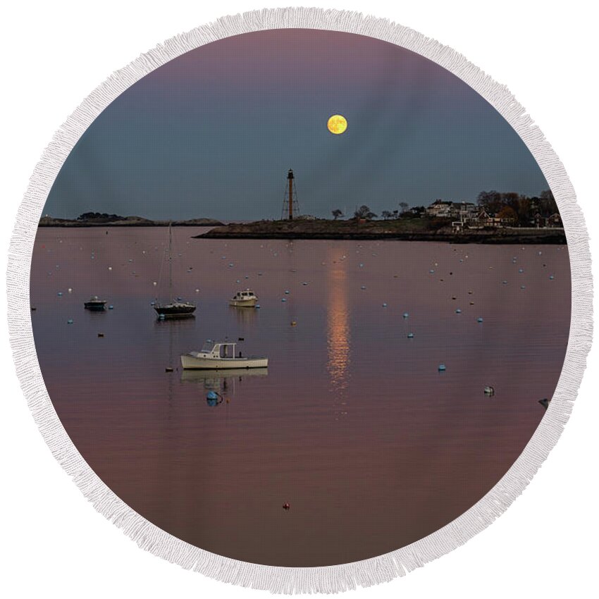 Marblehead Round Beach Towel featuring the photograph The 2016 Supermoon over Marblehead Harbor Marblehead MA by Toby McGuire