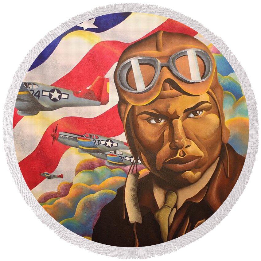 Patriotic Portrait Aerial Scene Round Beach Towel featuring the painting The Airman by William Roby