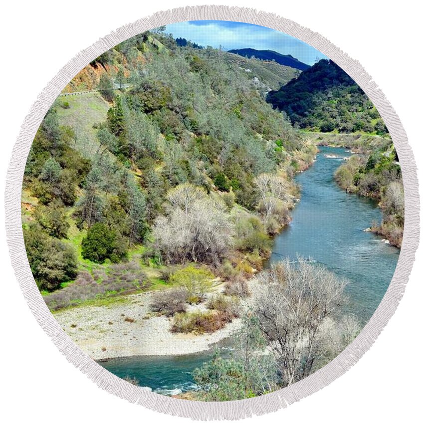 The American River Round Beach Towel featuring the photograph The American River by Maria Jansson