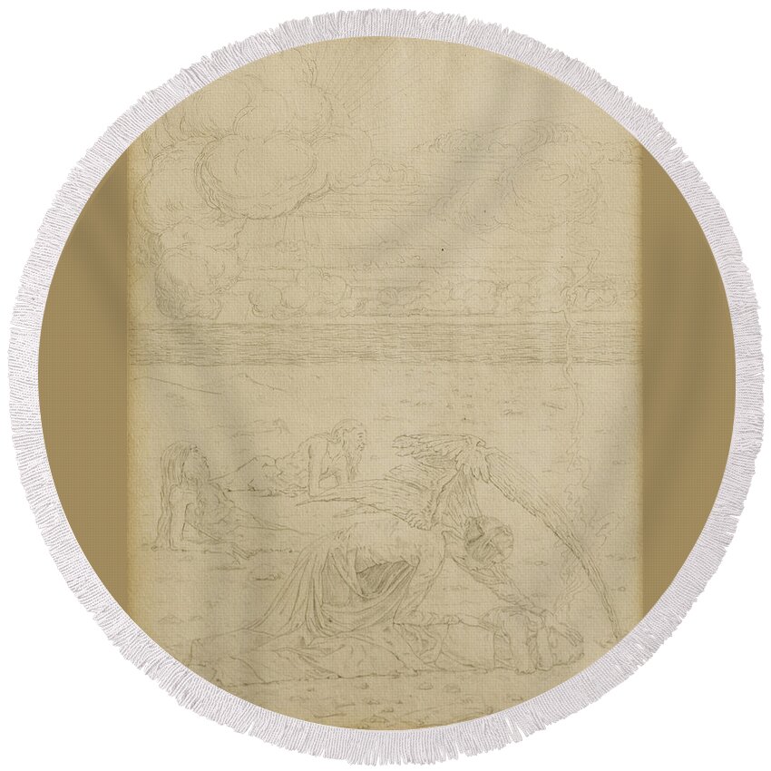 Carlos Schwabe Round Beach Towel featuring the drawing The Angel of Death by Carlos Schwabe