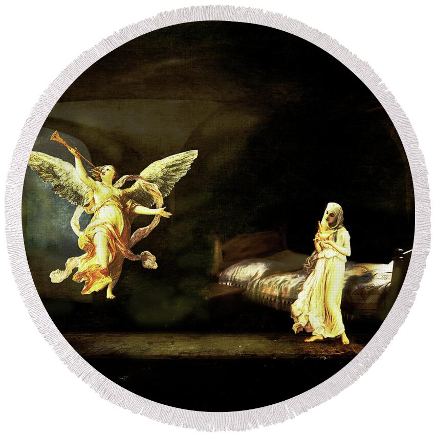 Angel Round Beach Towel featuring the digital art The Annunciation by Don Schiffner