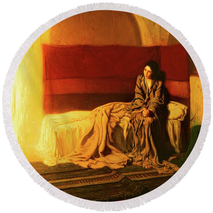 Henry Ossawa Tanner Round Beach Towel featuring the painting The Annunciation by Henry Ossawa Tanner