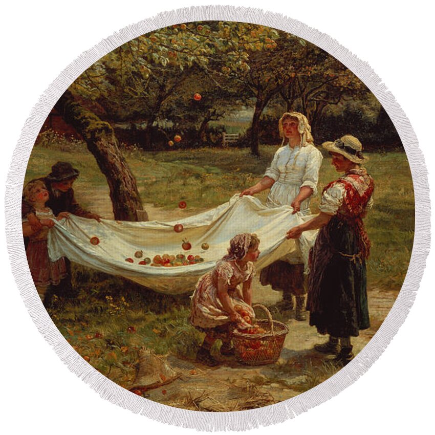 The Round Beach Towel featuring the painting The Apple Gatherers by Frederick Morgan