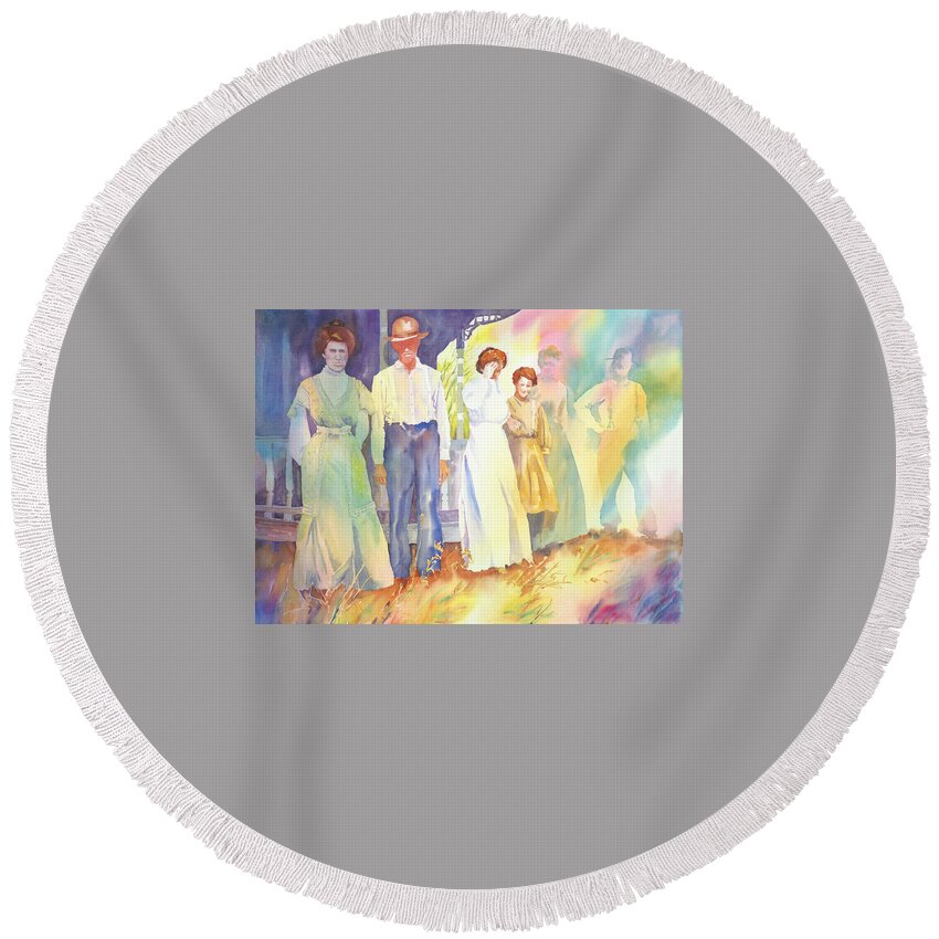 Family Round Beach Towel featuring the painting The Aunts Come Calling by Tara Moorman