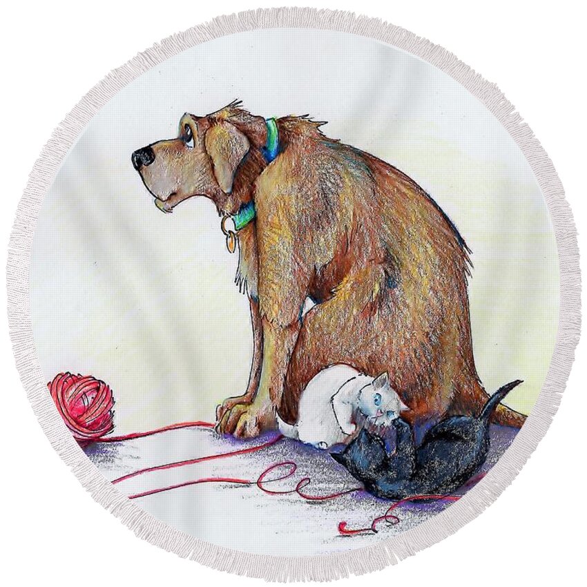 Dog Round Beach Towel featuring the drawing The baby-sitter by K M Pawelec